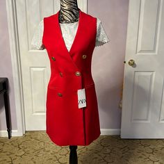 Brand New Sleeveless Blazer Size Xs. Red Collar Brand New With Tag Pockets On Side Chic Red V-neck Outerwear, Red V-neck Summer Outerwear, Red Fitted Sleeveless Outerwear, Fitted Red Sleeveless Outerwear, Zara Sleeveless Vest For Fall, Red Sleeveless Winter Vest, Red Vest With Pockets For Spring, Red Sleeveless Vest With Pockets, Red Vest With Pockets