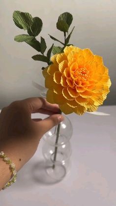 a person holding a yellow flower in a clear vase