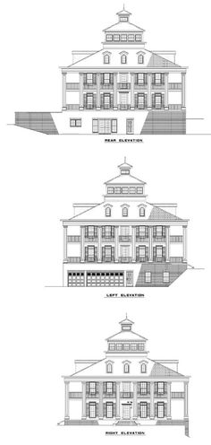 three different views of the front and side of a house