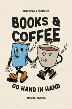 a book and coffee advertisement with two cartoon characters