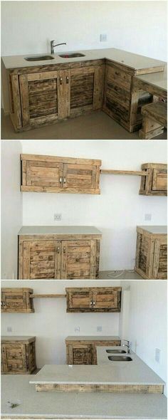 the kitchen cabinets are made out of wooden planks and have drawers on each side