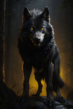 a black wolf with yellow eyes standing on a rock in the dark forest at night