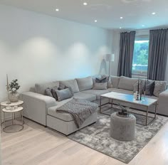 a living room filled with lots of furniture and a large rug on the floor in front of a window