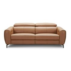 a tan leather couch with black legs and arms on a white background, it is empty