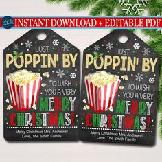 two christmas gift tags with popcorn on them