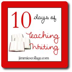 an open book with the words 10 days of teaching writing in red and white on it