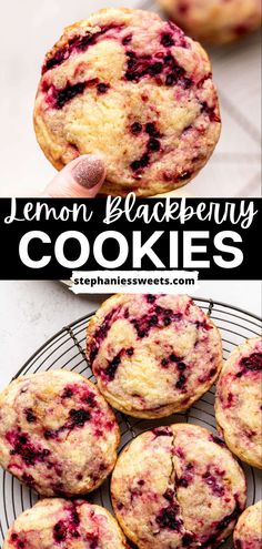 lemon blackberry cookies on a wire rack with the title in the middle and bottom photo