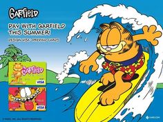 garfield the cat on a surfboard with caption saying pay with garfield this summer