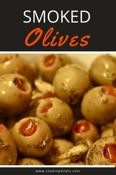 the words smoked olives are in front of an image of some black olives