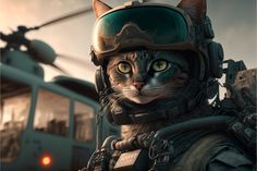 a cat wearing a pilot's helmet and goggles in front of a helicopter