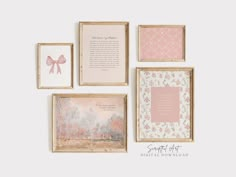 four framed art pieces with pink and white designs on them, including a baby's poem