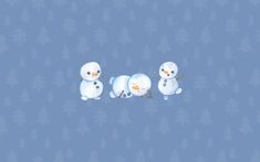 three snowmen standing next to each other on a blue background