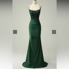 Solid Green Dress, Green Spaghetti Strap Evening Dress For Prom, Green Spaghetti Straps Formal Slip Dress, Green Formal Slip Dress With Spaghetti Straps, Formal Green Slip Dress With Spaghetti Straps, Green Spaghetti Strap Slip Dress For Formal Occasions, Sleeveless Green Mermaid Evening Dress, Fitted Mermaid Dress With Spaghetti Straps, Green Evening Gown With Spaghetti Straps