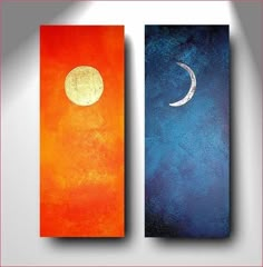 two canvases with an orange and blue background, one has a half moon on it