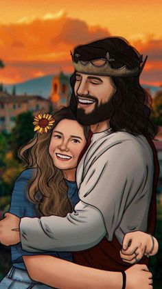 a painting of jesus hugging a woman with a sunflower in her hair and wearing a crown