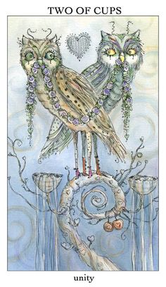 two owls sitting on top of a tree branch in front of the words, two of cups