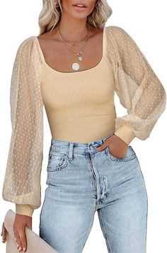 Amazon.com: PINKMSTYLE Women's Long Sleeve Off The Shoulder Tops Square Neck Bodysuit Sheer Polka Dots Shirts Basic Jumpsuit Fall Outfits Nude XX-Large : Clothing, Shoes & Jewelry Jumpsuit Fall Outfit, Double Liner, Polka Dots Tops, Jumpsuit Fall, Bodysuit Shirt, Square Neck Long Sleeve, Bodysuit Designs, Square Neck Bodysuit, Polka Dot Shirt