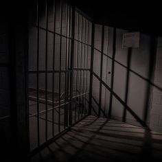 an empty jail cell with bars on the walls and floor, in dark light from behind