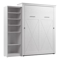 a white cabinet with two doors and shelves