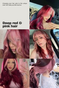 Pink Highlights In Pink Hair, Red Skin Hair Color, Red Hair Color With Pink Highlights, Red Hair With Pink Undertones, Pink Red Hair Dye, Deep Red And Pink Hair, Unique Ways To Dye Hair, Cherry Red Hair Ideas, Pink Hair With Pink Highlights