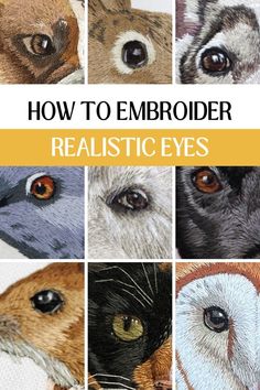 the cover of how to embroider realistic eyes with pictures of different types of animals