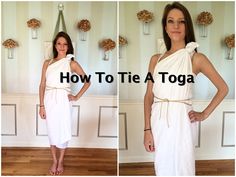 a woman wearing a white dress with the words how to tie a topa on it