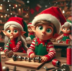 the elves are making christmas decorations in their elf hats and green overalls, sitting at a table with other elves