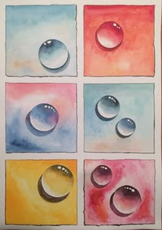 four watercolor paintings with different shapes and colors, each showing the same droplet