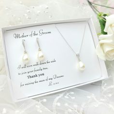 mother of the groom necklace and earrings set in gift box with thank you message on it