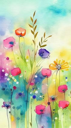 an abstract painting of colorful flowers with watercolors on the bottom and green stems