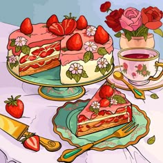 there is a piece of cake on the plate with strawberries next to it and a cup of tea