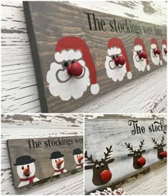 an image of christmas decorations on the side of a wooden sign with santa and snowmen