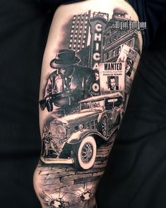 a man's arm with an old timey car tattoo design on the side