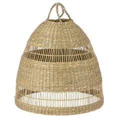 a wicker hanging basket with rope on the top and bottom, in front of a white background