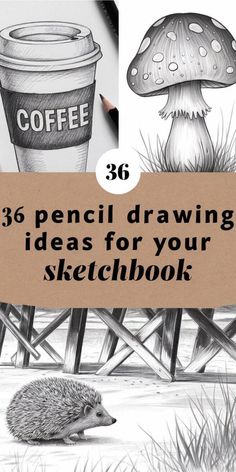 Pencil drawing ideas: coffee cup, mushroom, hedgehog, and bridge. Realistic Sketch Reference, Easy Simple Art Ideas, How To Draw Realistic Drawings, Sketch How To Step By Step, Outdoor Drawing Ideas, Pencil Sketch Images For Beginners, How To Sketch Flowers Step By Step, Drawing Ideas Easy Realistic, Hyper Realistic Drawings Objects