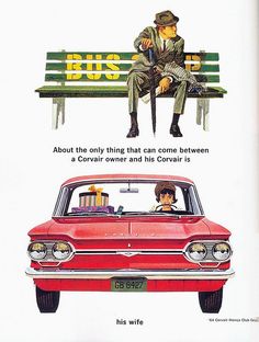 an advertisement for the chevrolet corsair, featuring two men sitting on a bench