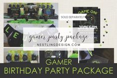 a birthday party package is shown with green and black items for the gameboy party