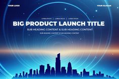 the big product launch title is displayed in front of a cityscape with bright lights