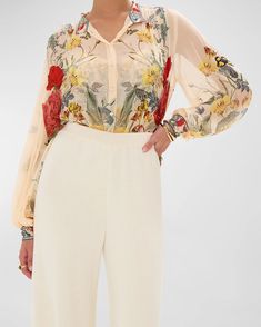 Camilla Floral Crystal-Embellished Button-Front Blouse | Neiman Marcus Pre Fall Collection, Daytime Dresses, Tunic Length, Ulla Johnson, Button Placket, Stand Collar, Trending Shoes, Womens Clothing Tops, Neiman Marcus