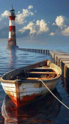 a small boat tied to a dock with a lighthouse in the background