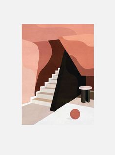 an abstract painting with stairs leading up to a table in front of a pink mountain