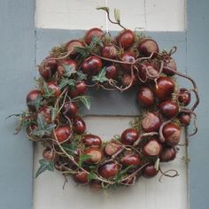 a wreath is hanging on the side of a door with leaves and berries around it