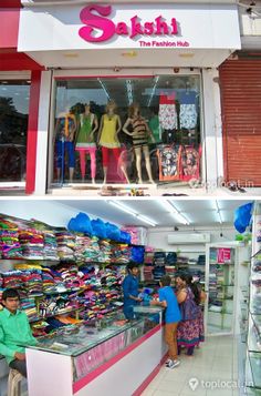 two pictures of people standing in front of a shoe shop and the inside of a store