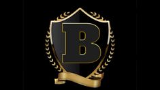 a black and gold shield with the letter b in it's center, on a black background