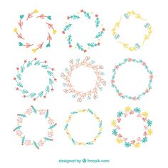 six hand drawn wreaths with flowers and leaves on them, all in different colors