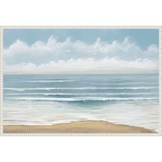 a painting of the ocean with waves coming in from the water and white clouds above