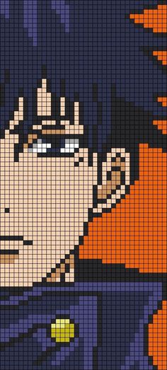 an image of the face of naruto in pixell art style with orange and blue colors