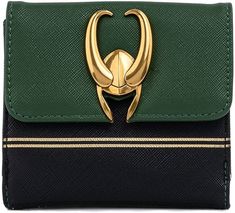 a green and black wallet with a gold buckle