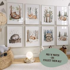 there are many pictures hanging on the wall in this room with text overlay that reads mix'n match - or - collect them all