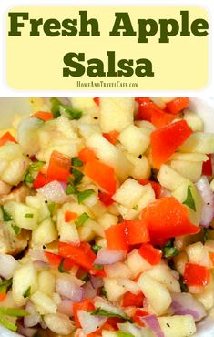 fresh apple salsa in a white bowl with the title above it that reads, fresh apple salsa